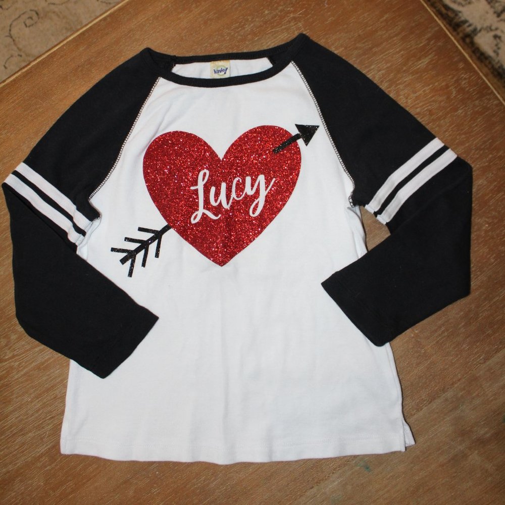 Girl's "Lucy" glitter heart baseball tee - custom